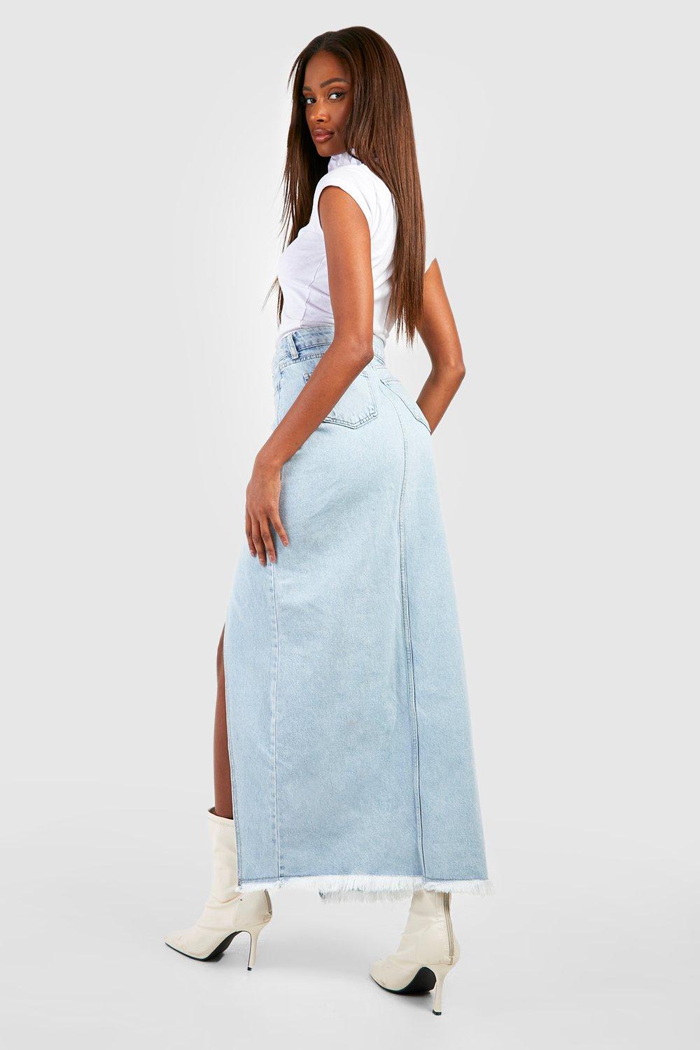 Asymmetric Hem Split Front Denim Maxi Skirt | boohoo